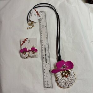Pink Cowboy Hat Santa Necklace and Earring Set
